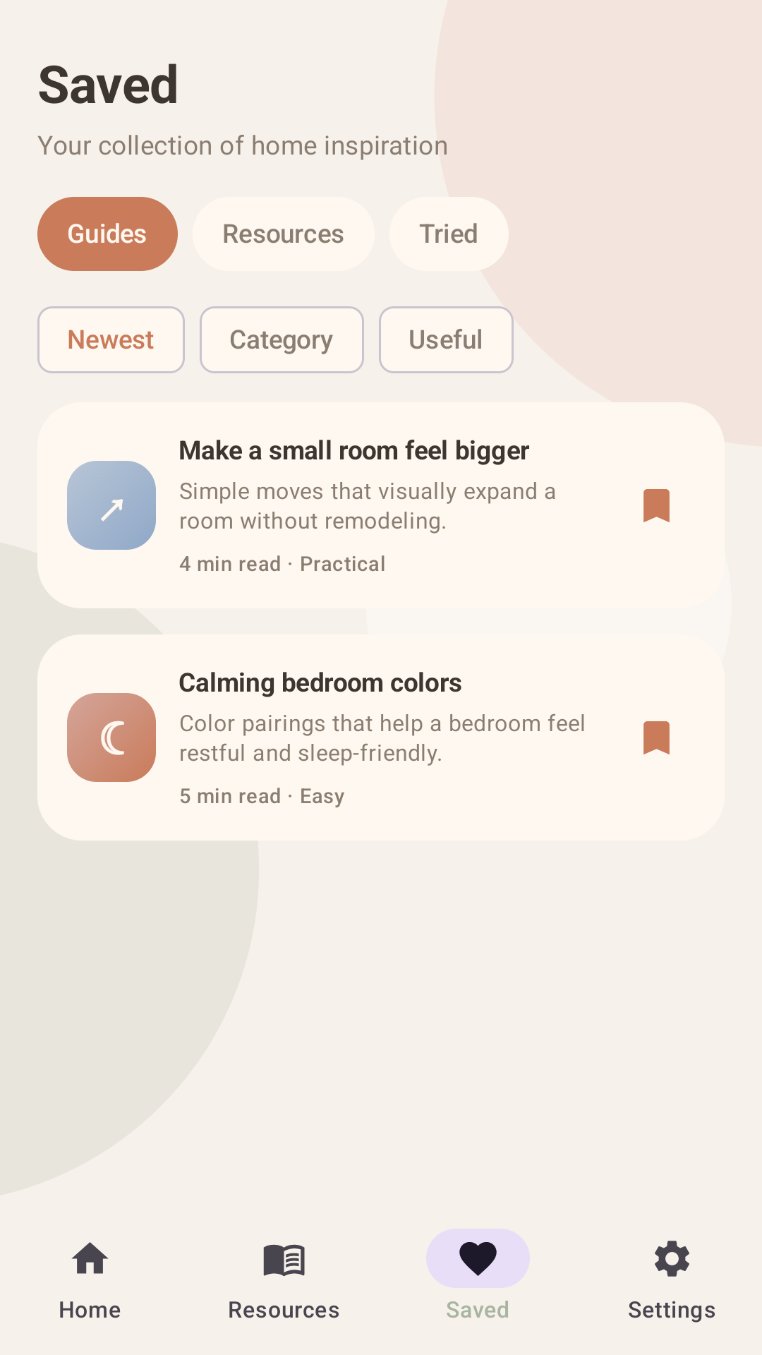 Saved ideas screen